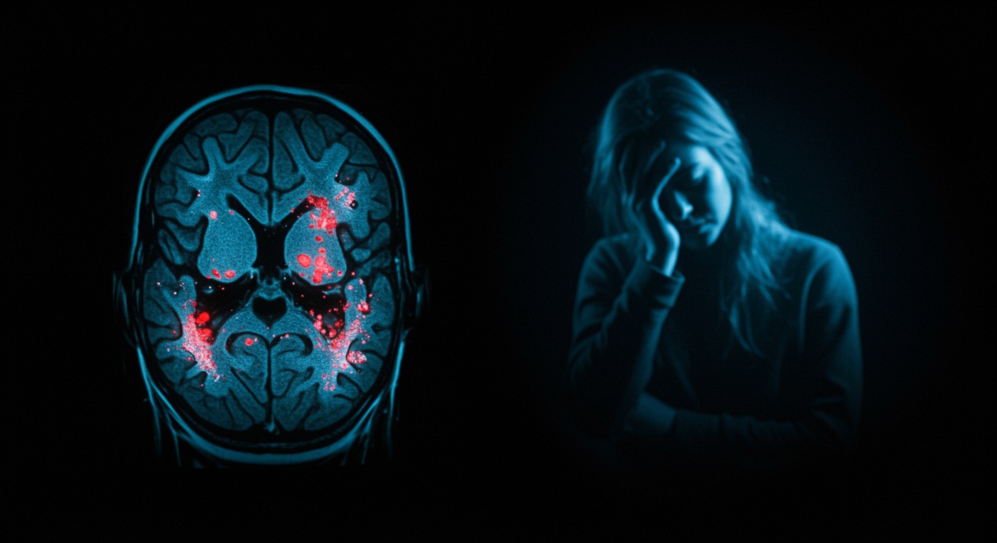 Photorealistic brain scan image showing amyloid protein deposits with a tired person in background, medical imaging lighting, no text