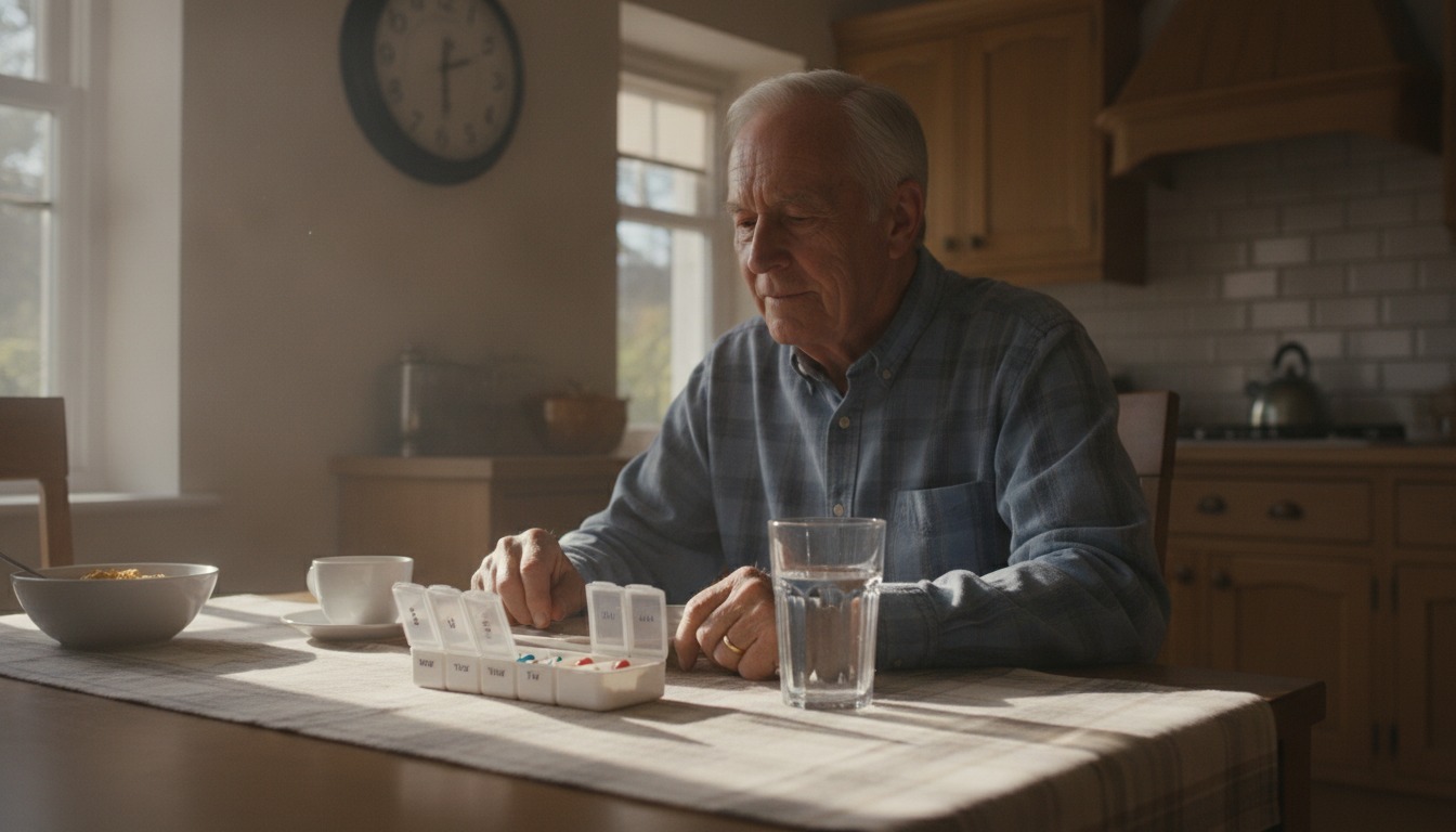 Older man sitting at a kitchen table in morning light with a pill organizer and a glass of water in front of him