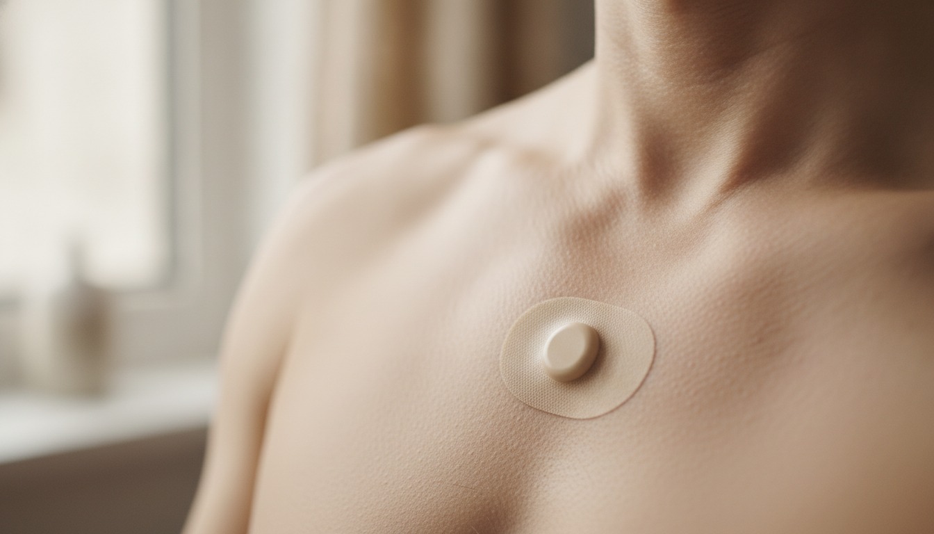 A small adhesive heart monitor patch on a person's upper chest, soft natural daylight from a nearby window, shallow depth of field