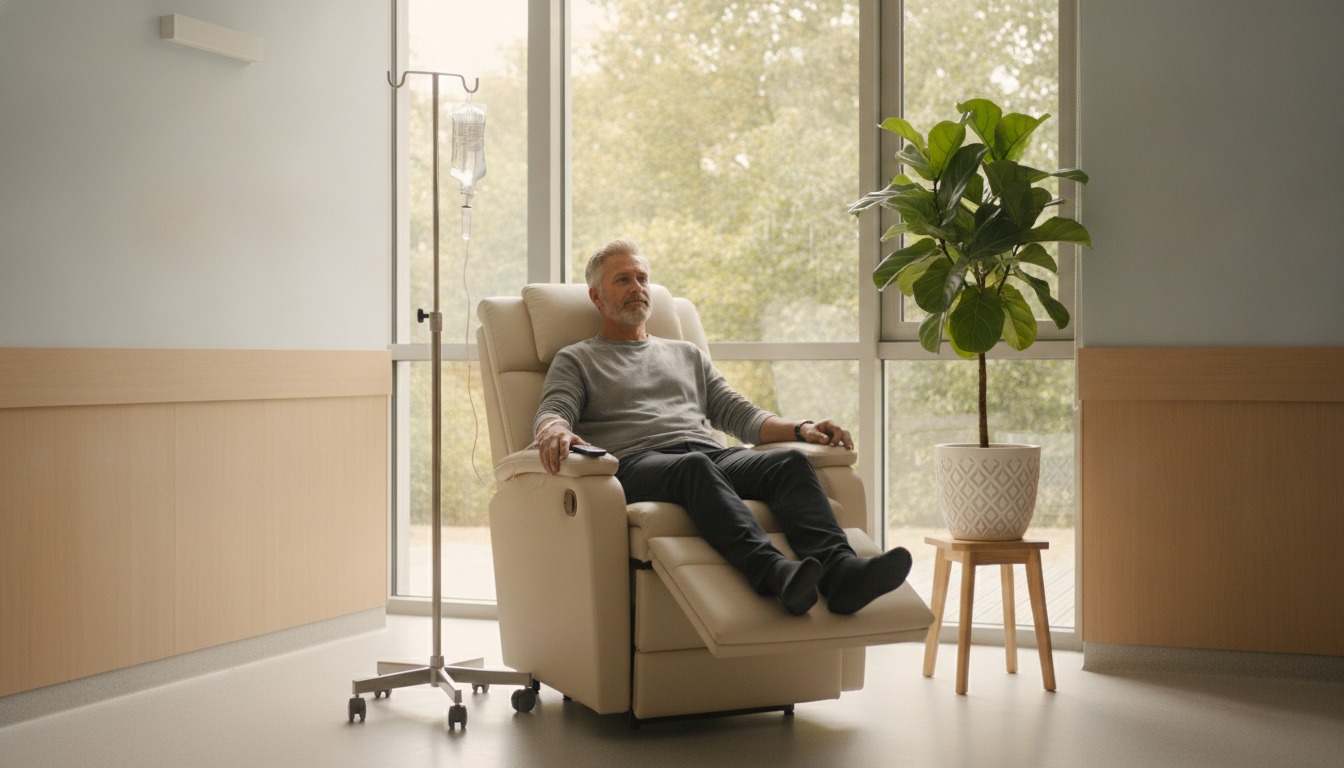 Middle aged man seated in a bright hospital infusion chair beside a large window with soft natural daylight and a green potted plant