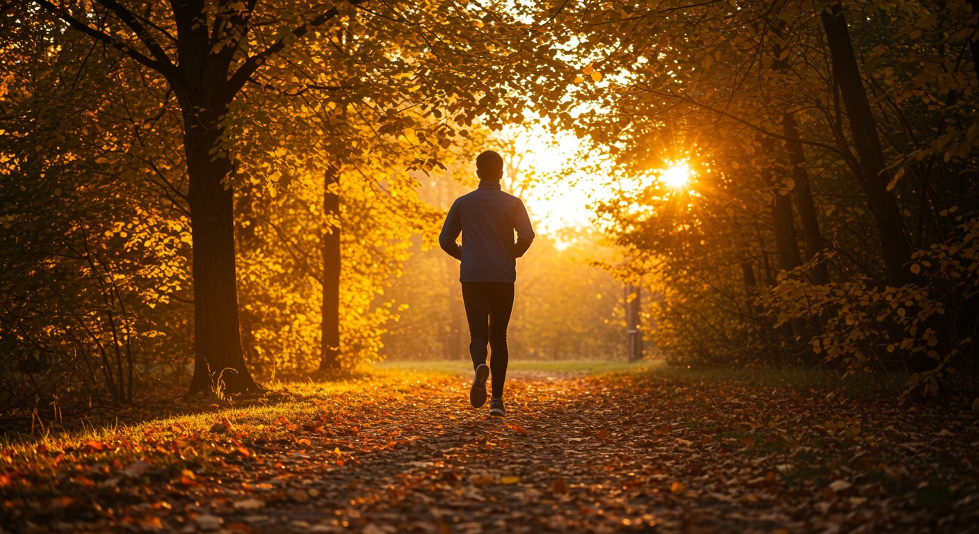 Energetic person jogging through a sunlit park trail with vibrant autumn leaves and warm light