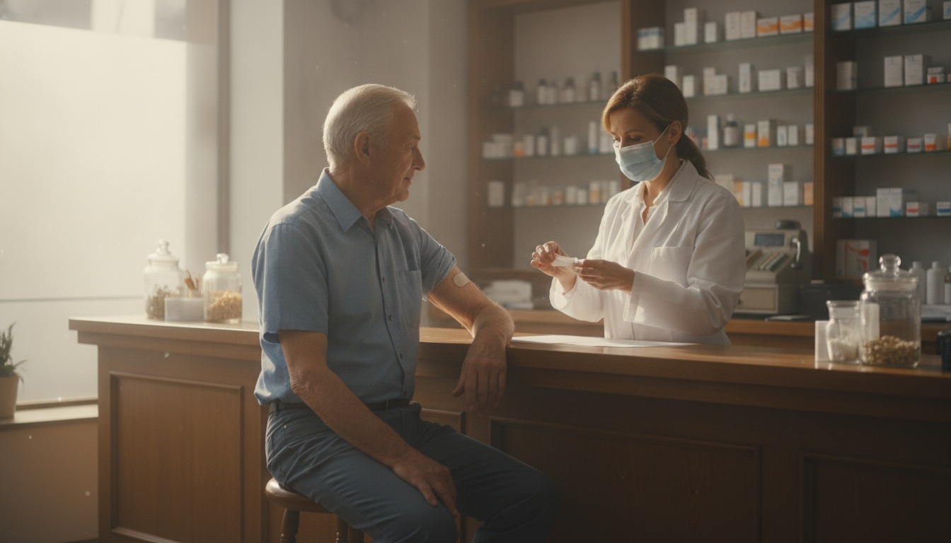 Older man sitting at a pharmacy counter with his sleeve rolled up, a pharmacist preparing a small bandage, soft daylight from a window