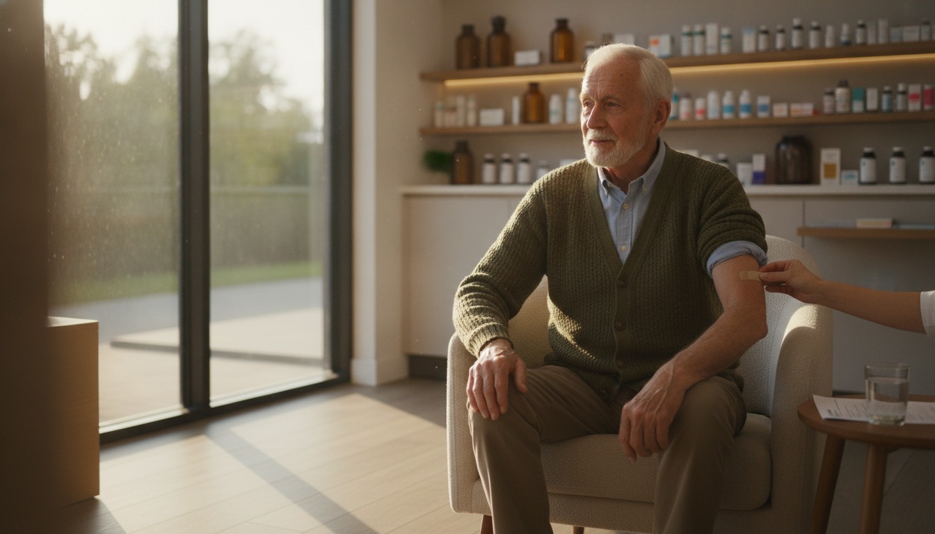 An older man in a cardigan sitting in a pharmacy consultation chair with his sleeve rolled up, warm afternoon light through the window