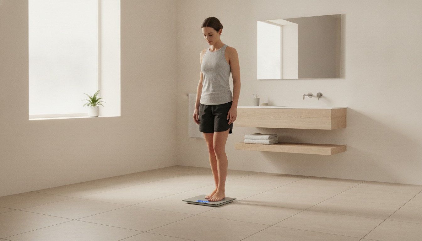 Person stepping on a scale in a bright bathroom with clean neutral tones and soft natural light