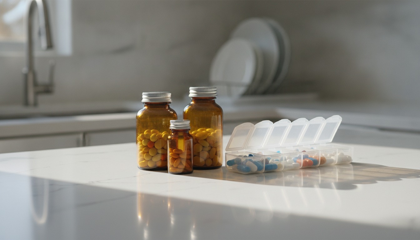 Several amber pill bottles and a weekly pill organizer on a kitchen counter in soft morning light