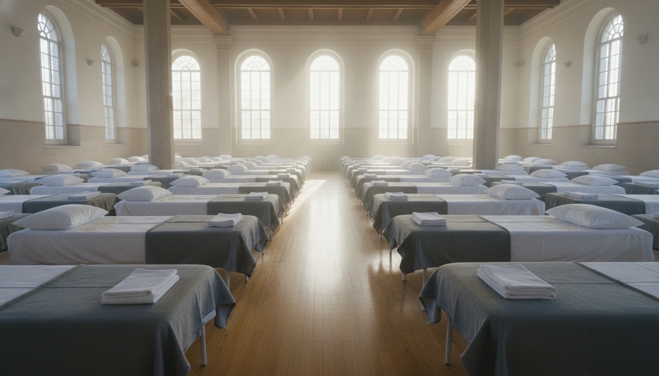 Rows of neatly made cots in a large bright hall with sunlight coming through tall windows
