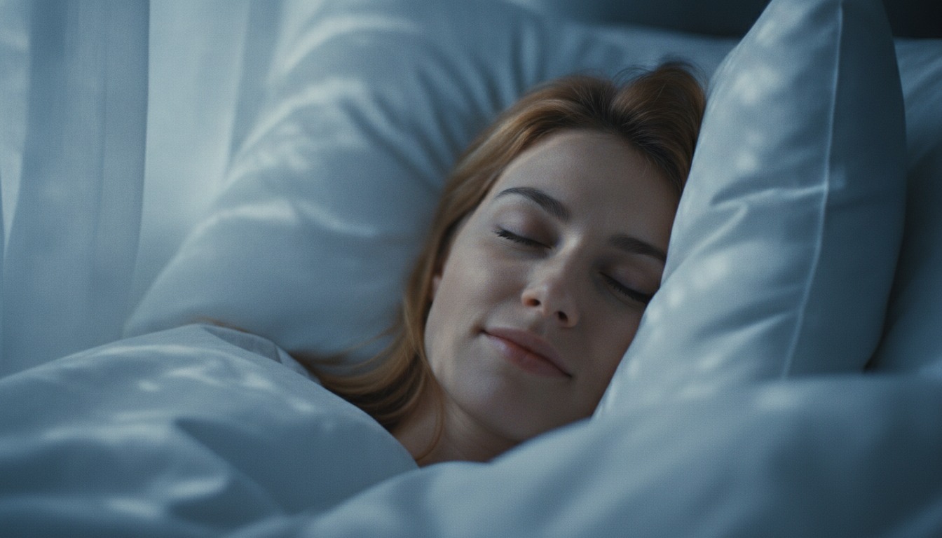Close-up of a peaceful sleeping face on white pillows with soft moonlight blue tones through curtains