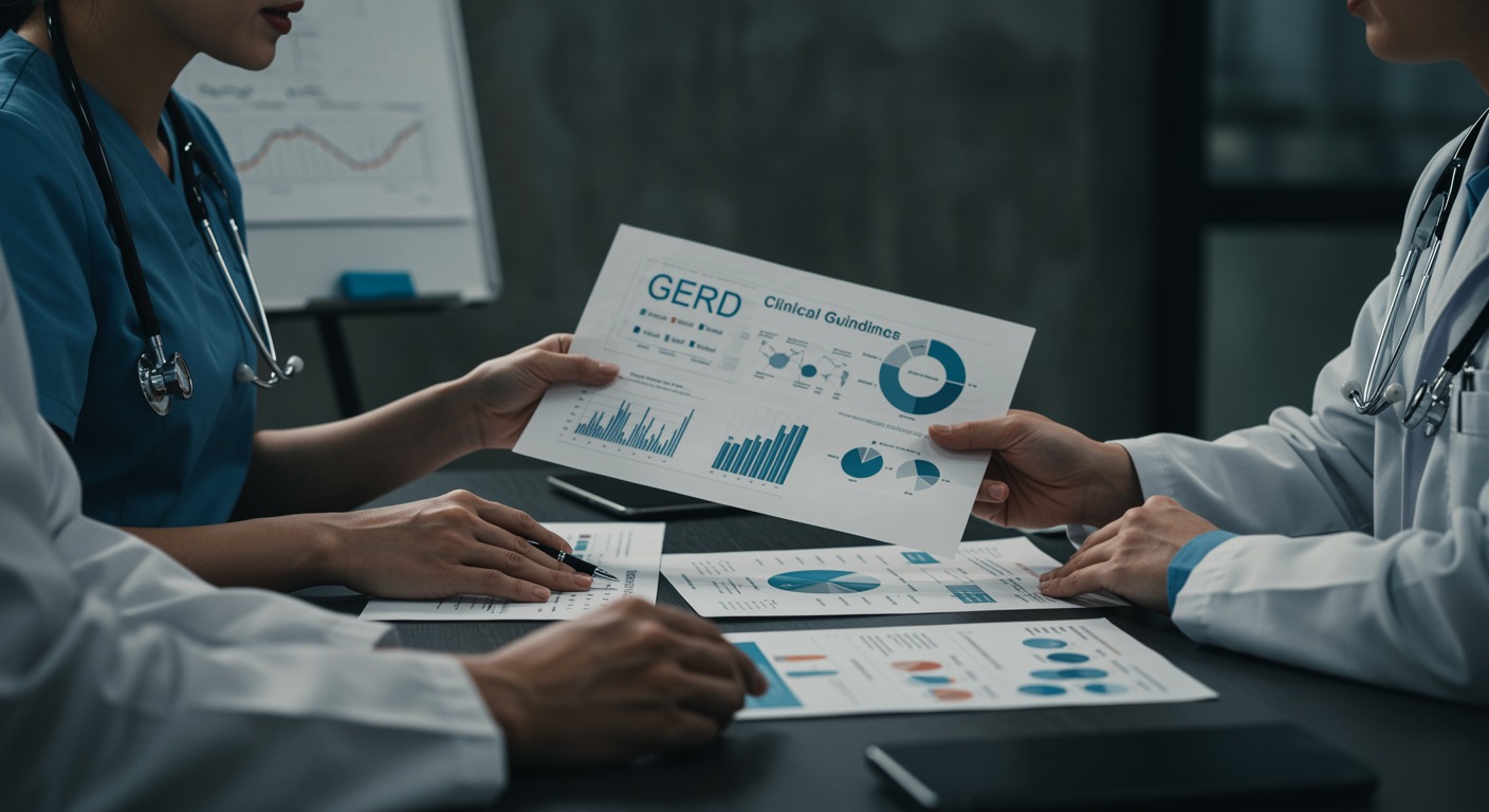 Medical professionals reviewing clinical guidelines documents with GERD diagnostic charts and treatment algorithms on a conference table