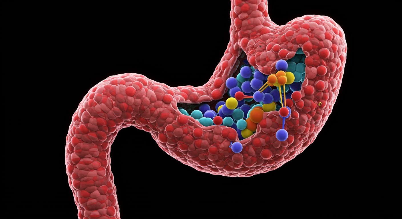 Detailed molecular diagram showing H,K-ATPase proton pump in gastric parietal cells with acid secretion mechanism