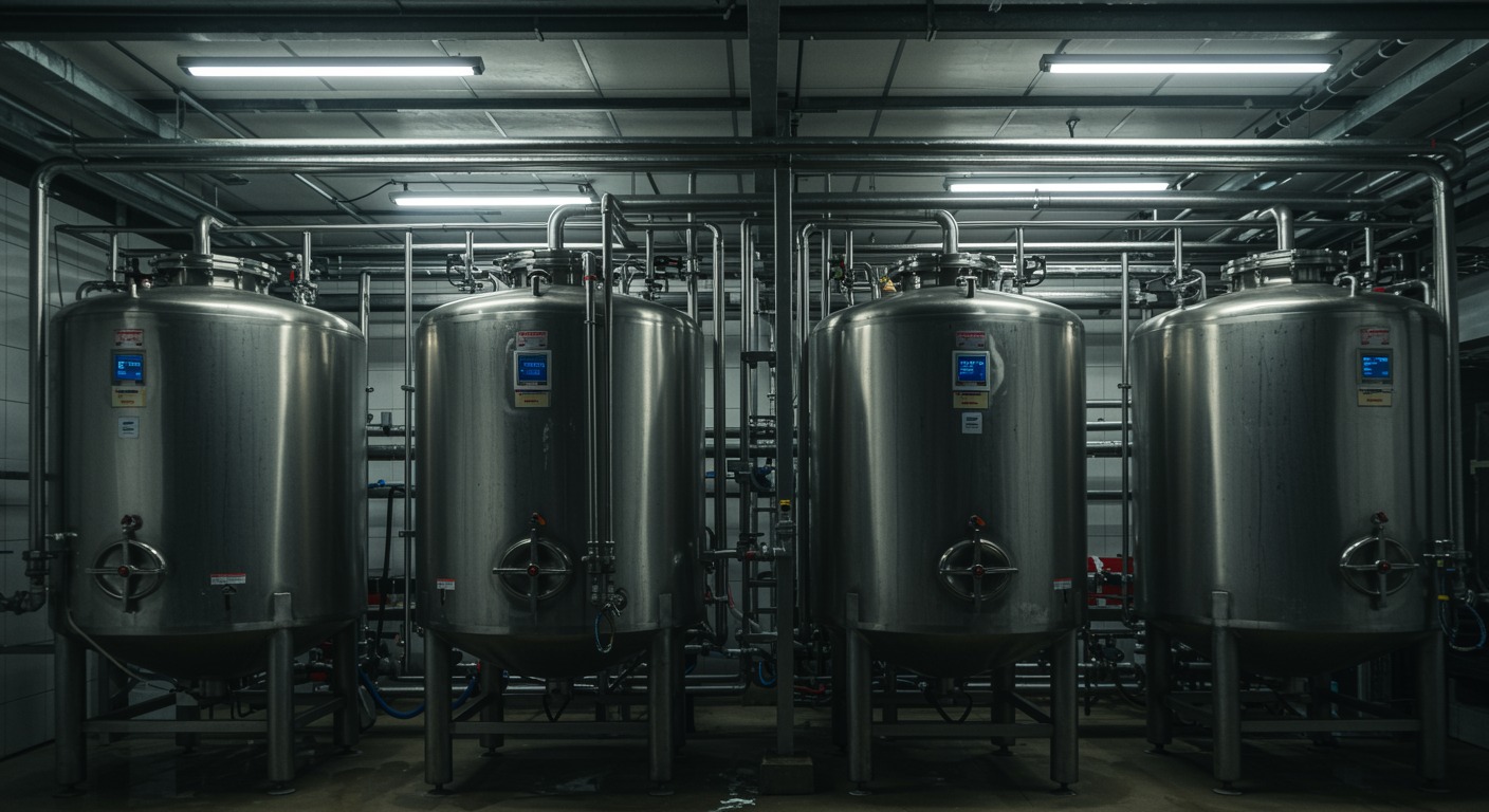 Large industrial fermentation tanks with pipes and gauges under bright factory lighting
