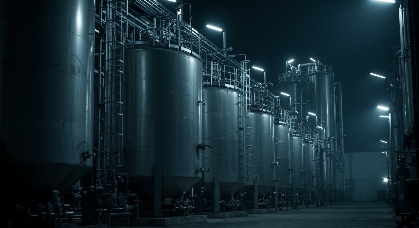 Industrial chemical manufacturing plant with steel tanks under bright lighting