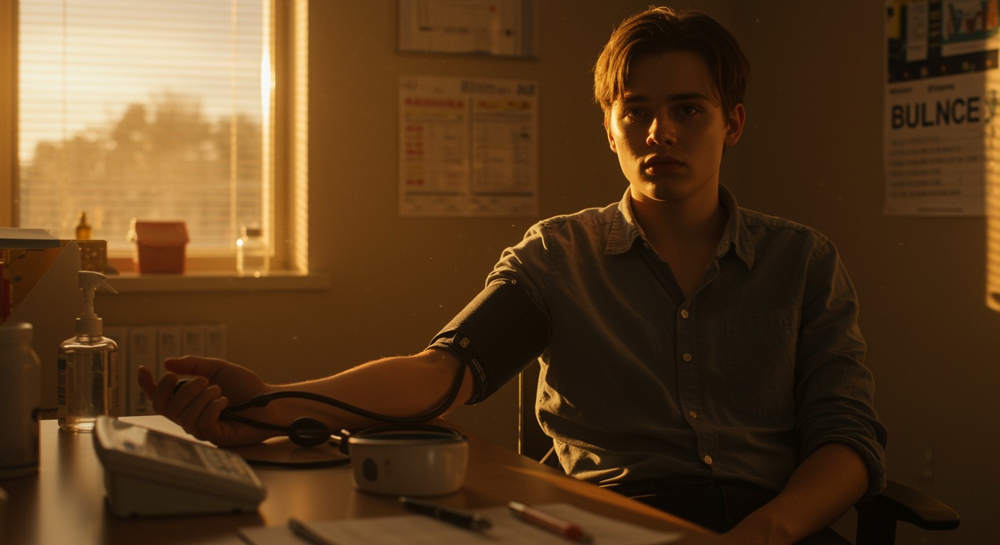 Young adult sitting in a doctor office with a blood pressure cuff on their arm and a heart rate monitor on a desk