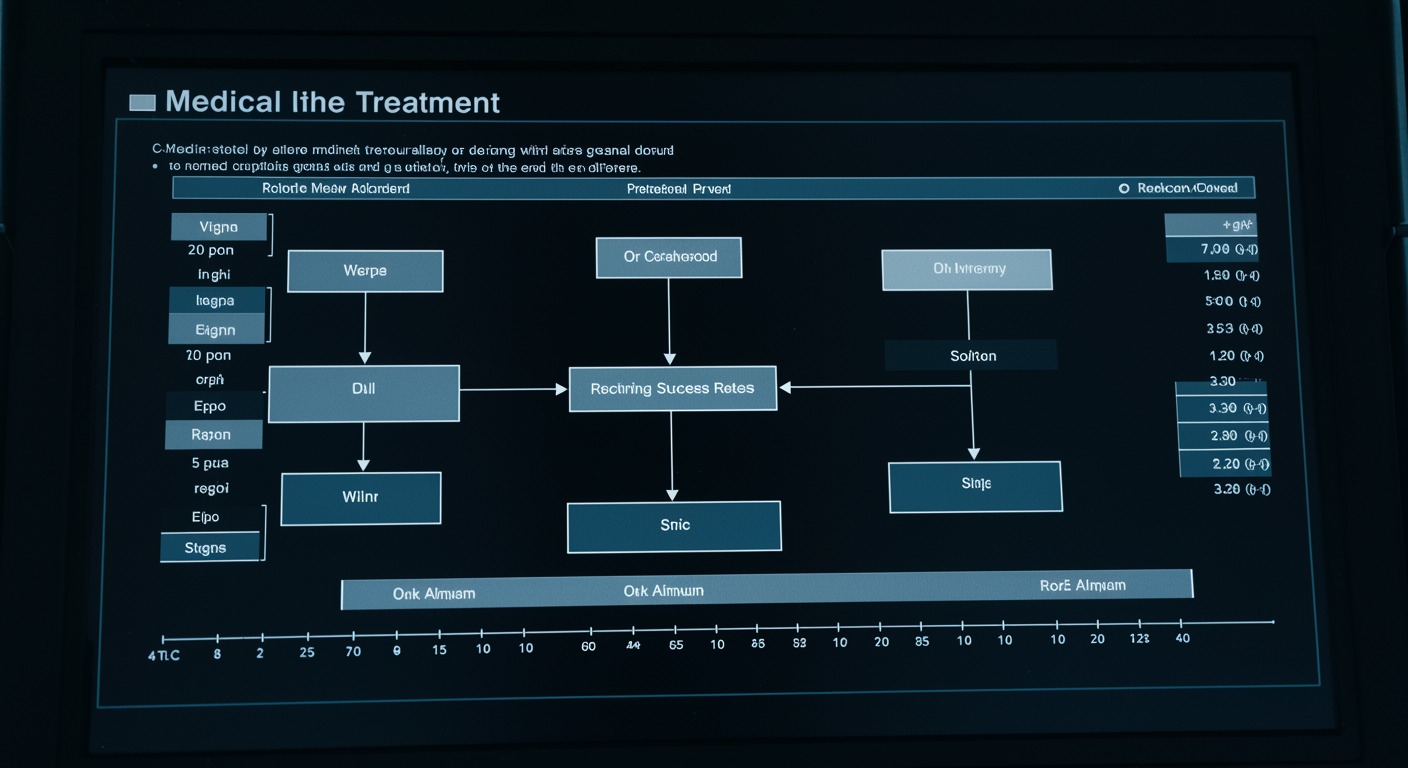 Medical treatment flowchart showing declining success rates across multiple treatment steps on clinical display with professional lighting