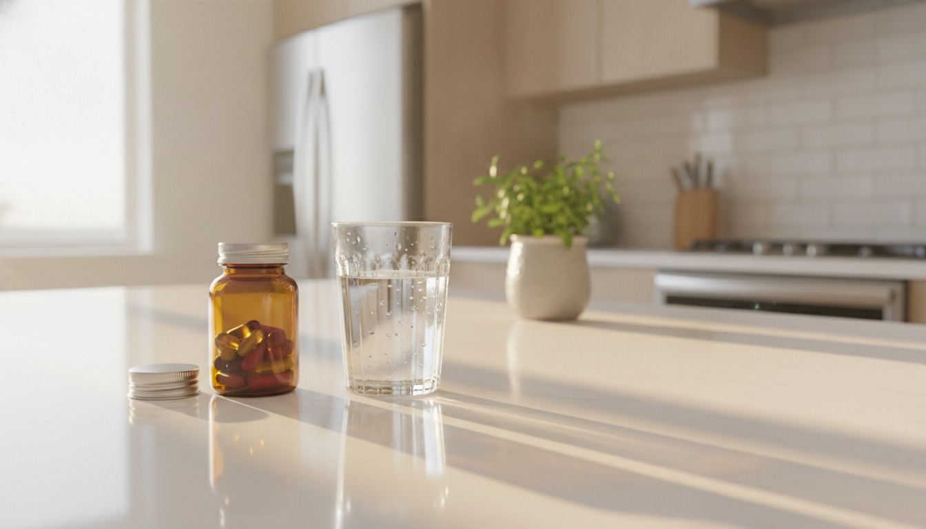 Sunlight falling across a kitchen counter beside a small bottle of supplement capsules and a glass of water