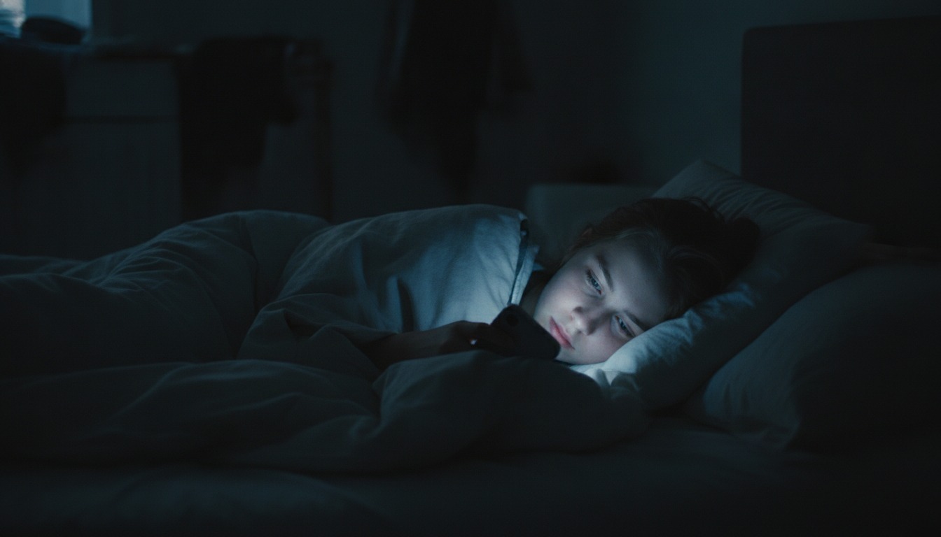 Teenager lying in bed at night in a dark room with the glow of a phone screen lighting their face