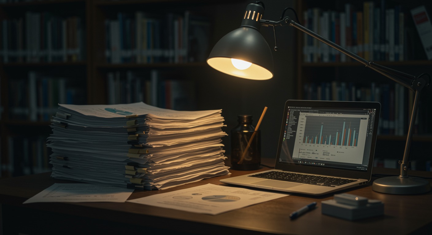 Medical library with stacked research papers and a laptop showing graphs with warm lamplight