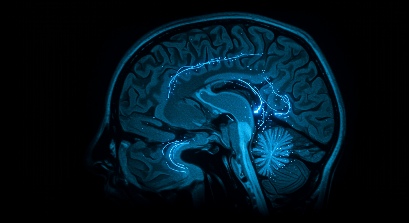 Brain scan showing social network regions with neural pathways highlighted in blue scientific lighting
