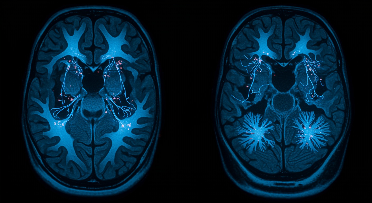 Brain scan showing social network regions with neural pathways highlighted in blue scientific lighting