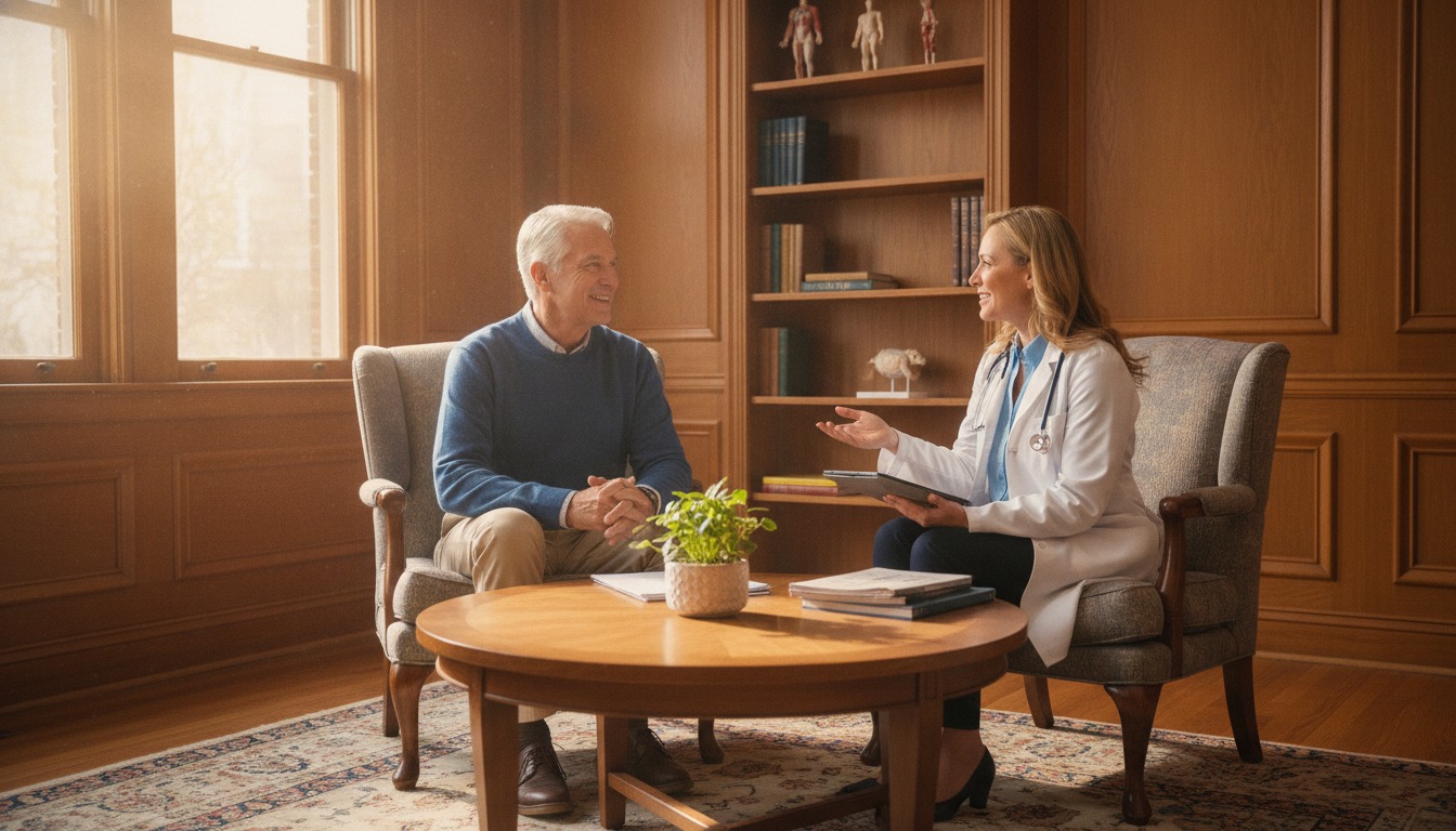Older adult having a relaxed check-up conversation with a doctor in a bright sunlit office with warm wood tones