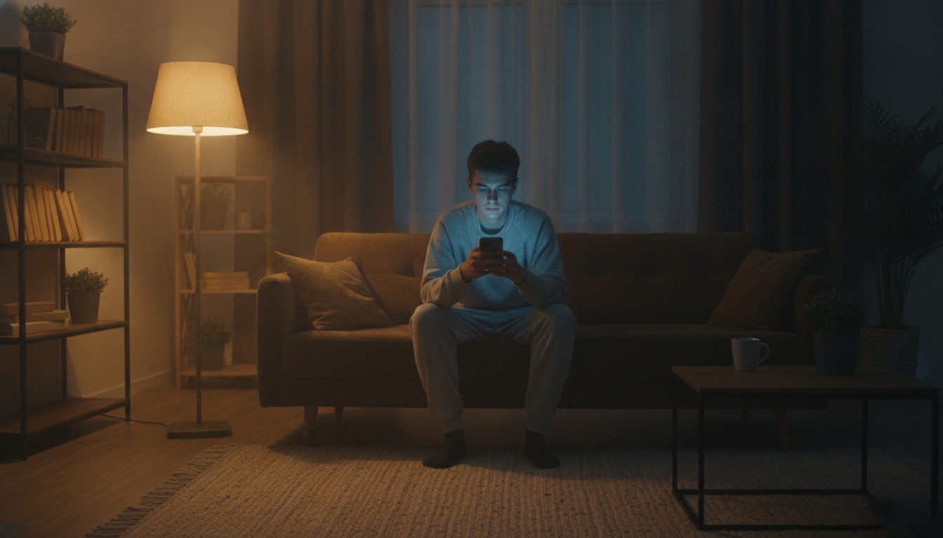 Person sitting alone on a couch at night holding a glowing phone, warm lamp light filling a quiet living room