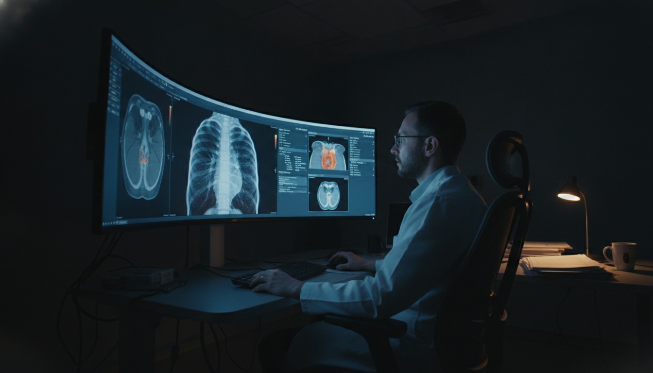 A radiologist seated in a dim reading room studying a chest scan on a large monitor, soft blue screen light across their face