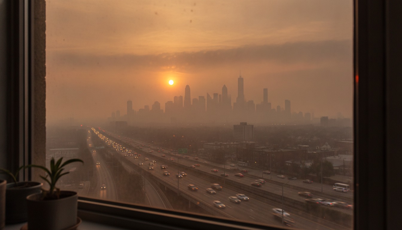 A hazy city skyline at dusk seen from a residential window, with soft orange light and a blur of traffic below