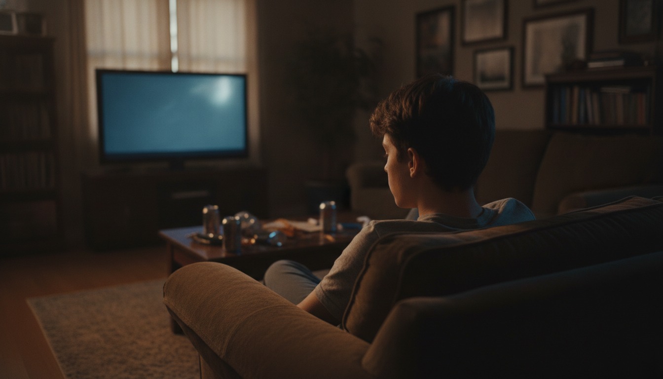 A teenager sitting on a couch in a dim living room watching a television, seen from behind, with warm screen light on their face