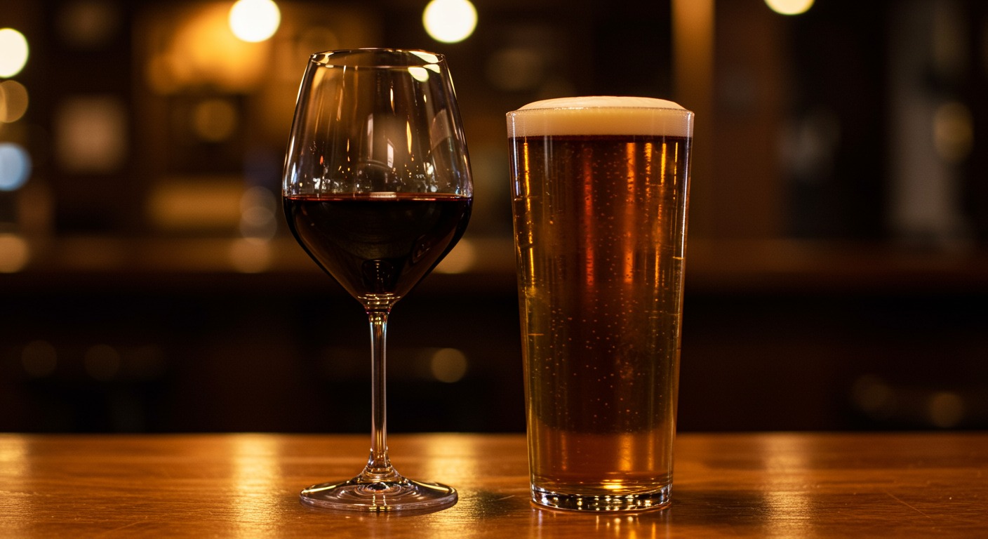 A glass of red wine and a pint of beer sitting side by side on a wooden bar counter with warm ambient lighting