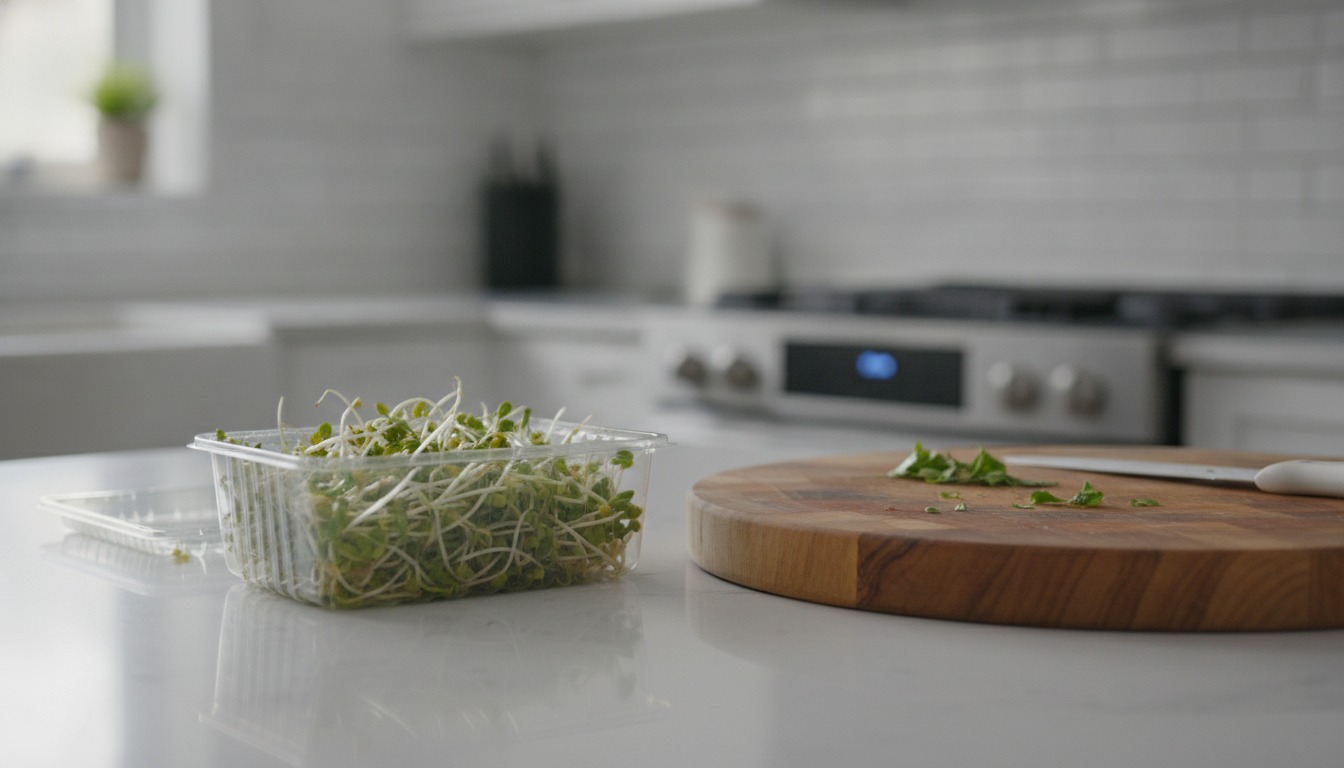 Fresh alfalfa sprouts in a clear plastic container on a kitchen counter beside a wooden cutting board in soft daylight