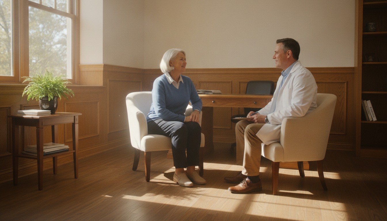 Older adult having a relaxed check-up conversation with a doctor in a bright sunlit office with warm wood tones