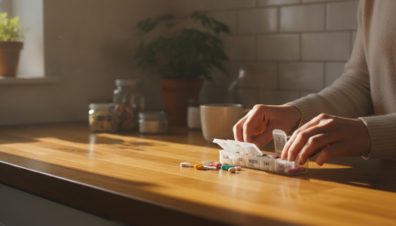 Person organizing a weekly pill box on a warm wooden kitchen counter with soft golden morning light