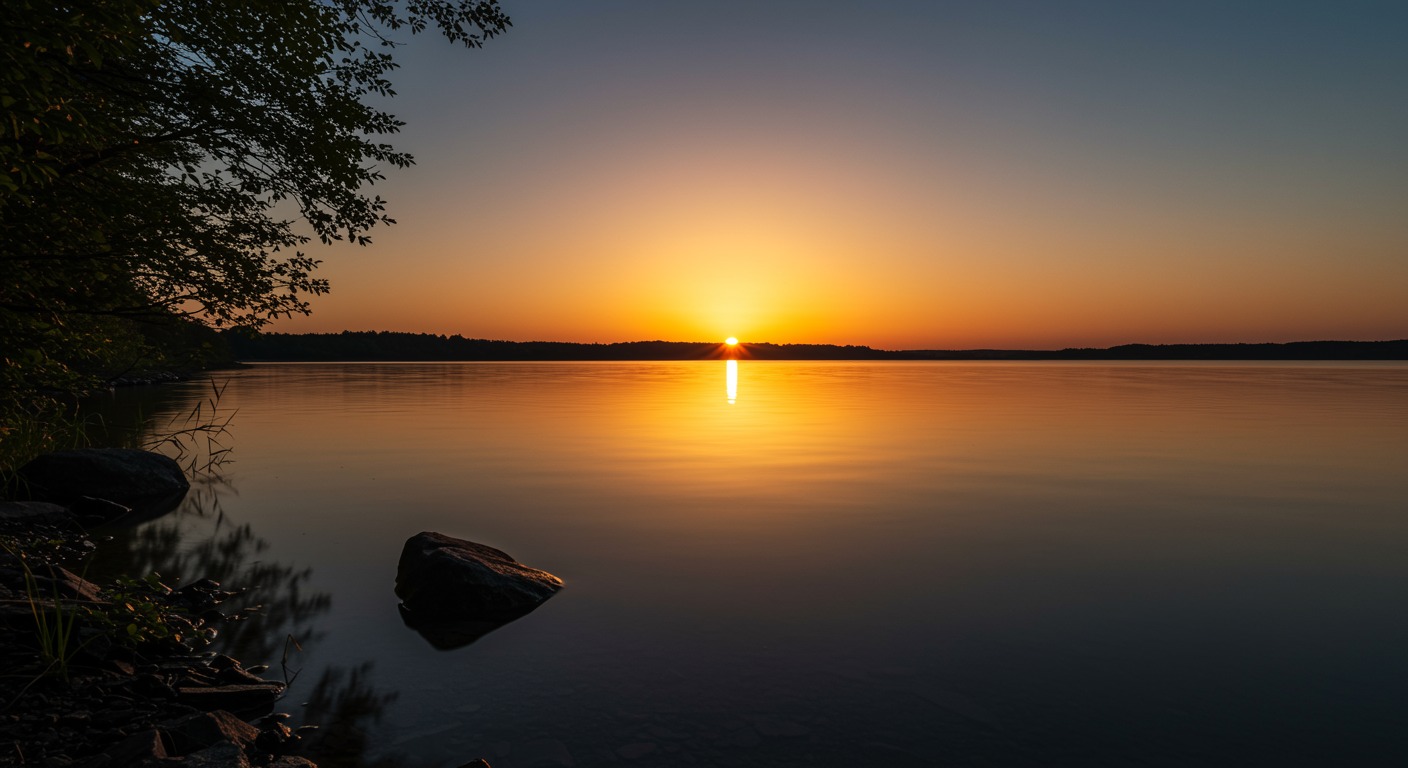 Calm lake at sunrise with golden light