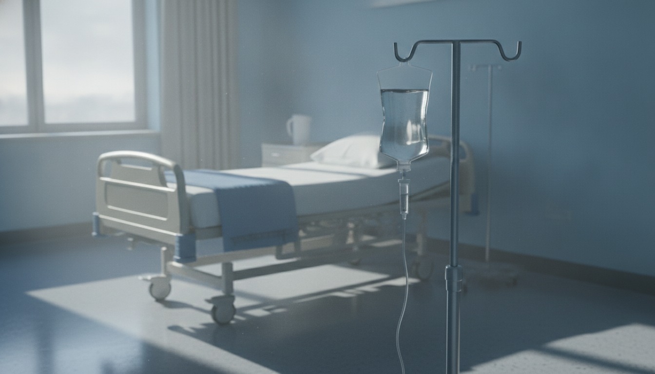 Clear intravenous drip bag hanging on a metal pole beside an empty hospital bed in soft morning light