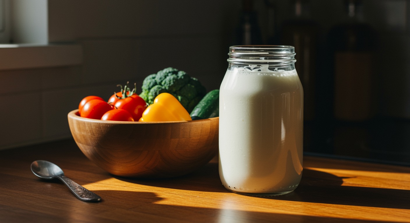 Glass jar of creamy kefir beside a wooden bowl of mixed high-fiber vegetables on a sunlit kitchen counter