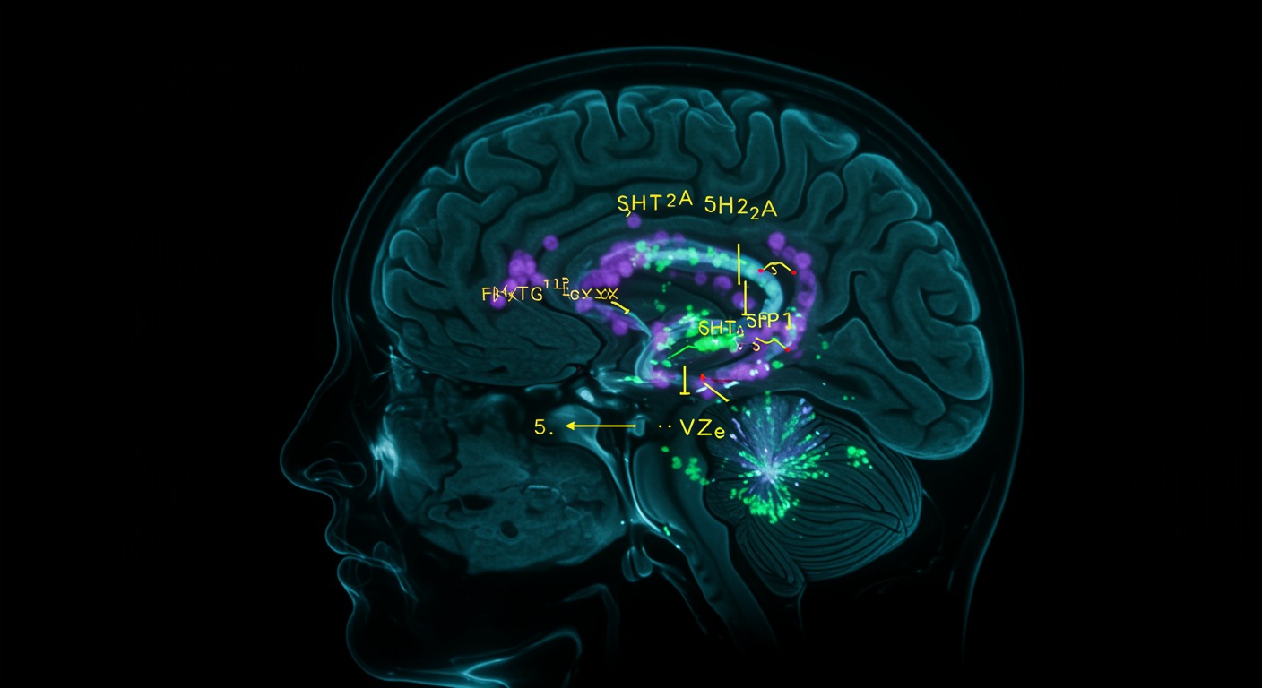 Brain imaging showing anterior cingulate cortex with 5HT2A receptor activation patterns and neurotransmitter pathways on neuroscience workstation