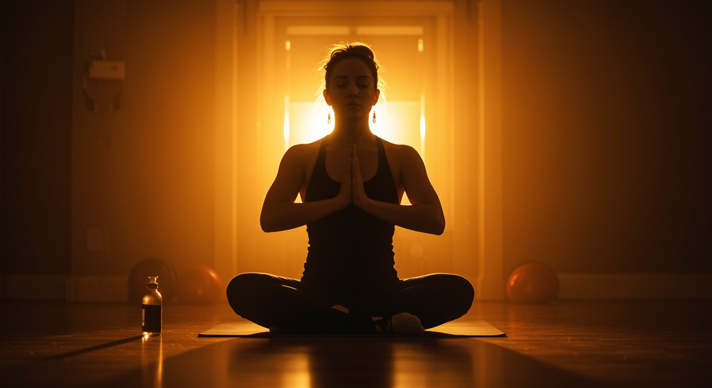 Person practicing deep rhythmic breathing exercises in a serene meditation room with warm natural lighting and peaceful atmosphere