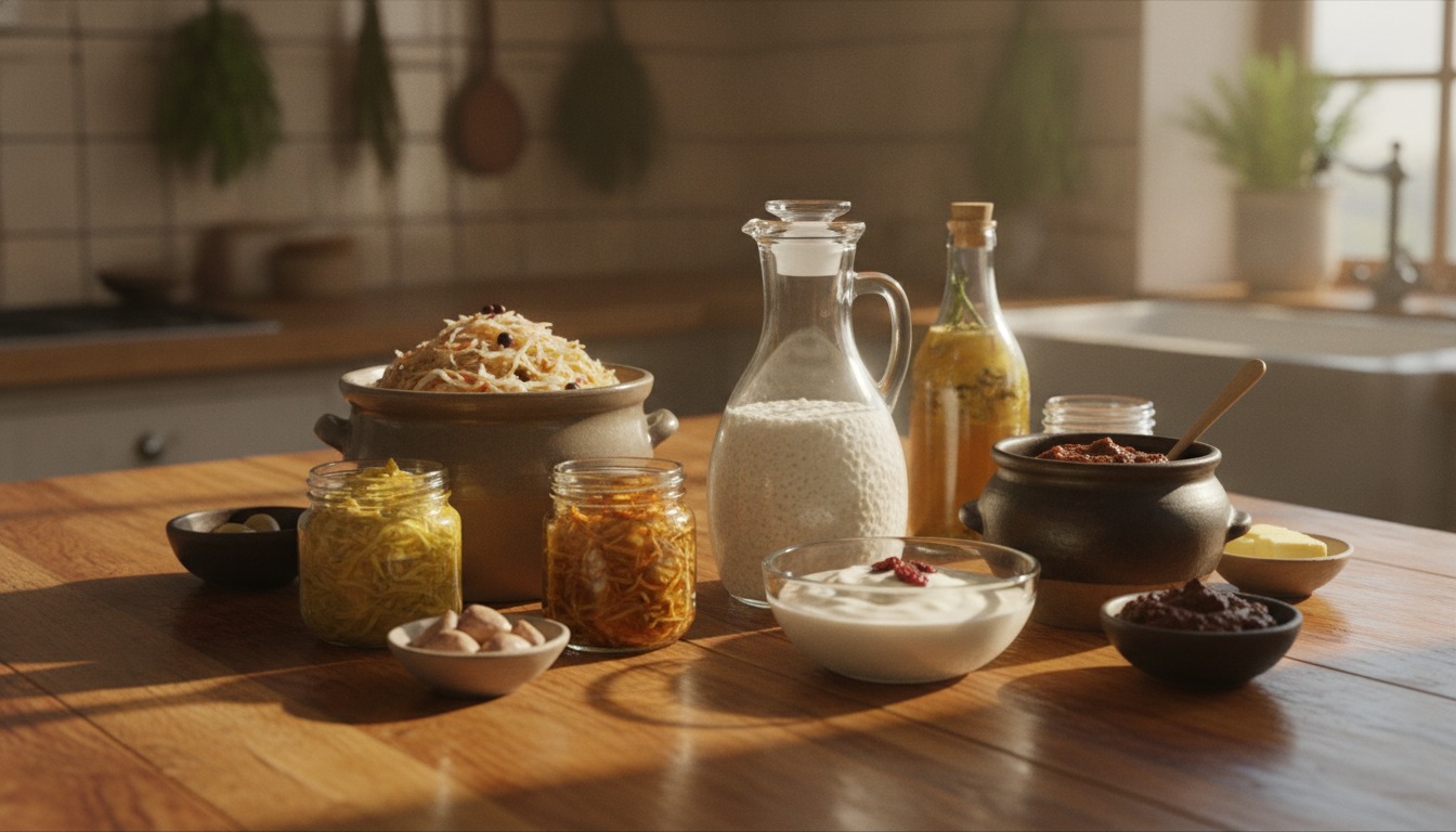 Fermented foods arrangement with kefir, sauerkraut, and miso on a warm wooden table in soft golden light