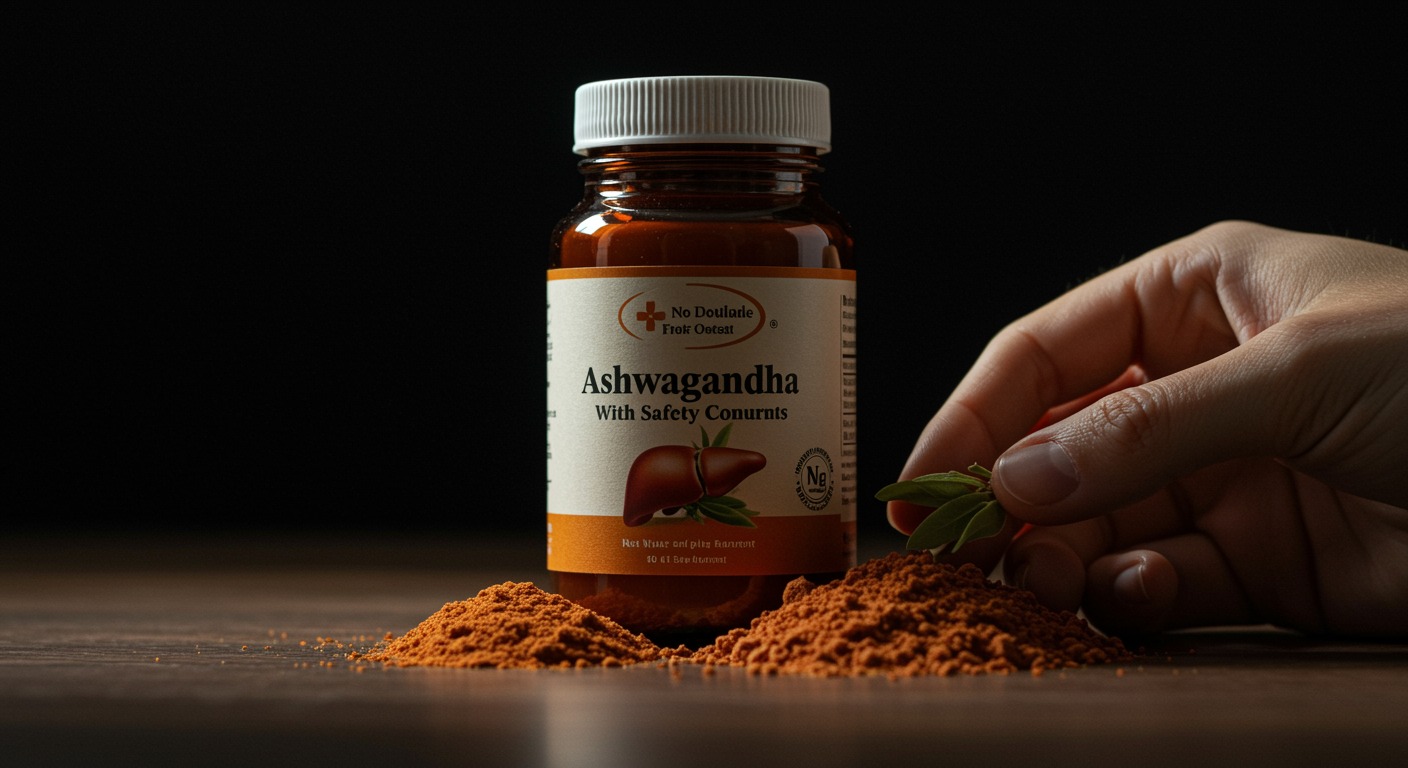 Photorealistic medical case study visualization showing ashwagandha supplement with liver safety concerns, soft medical warning lighting, no text