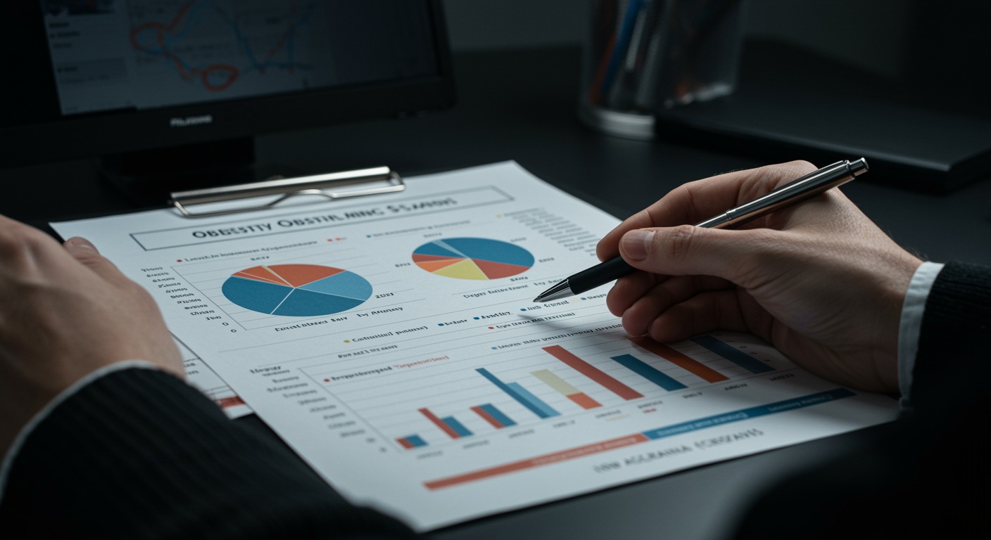 Medical research documents and charts showing obesity statistics alongside GERD prevalence data on a researcher's desk