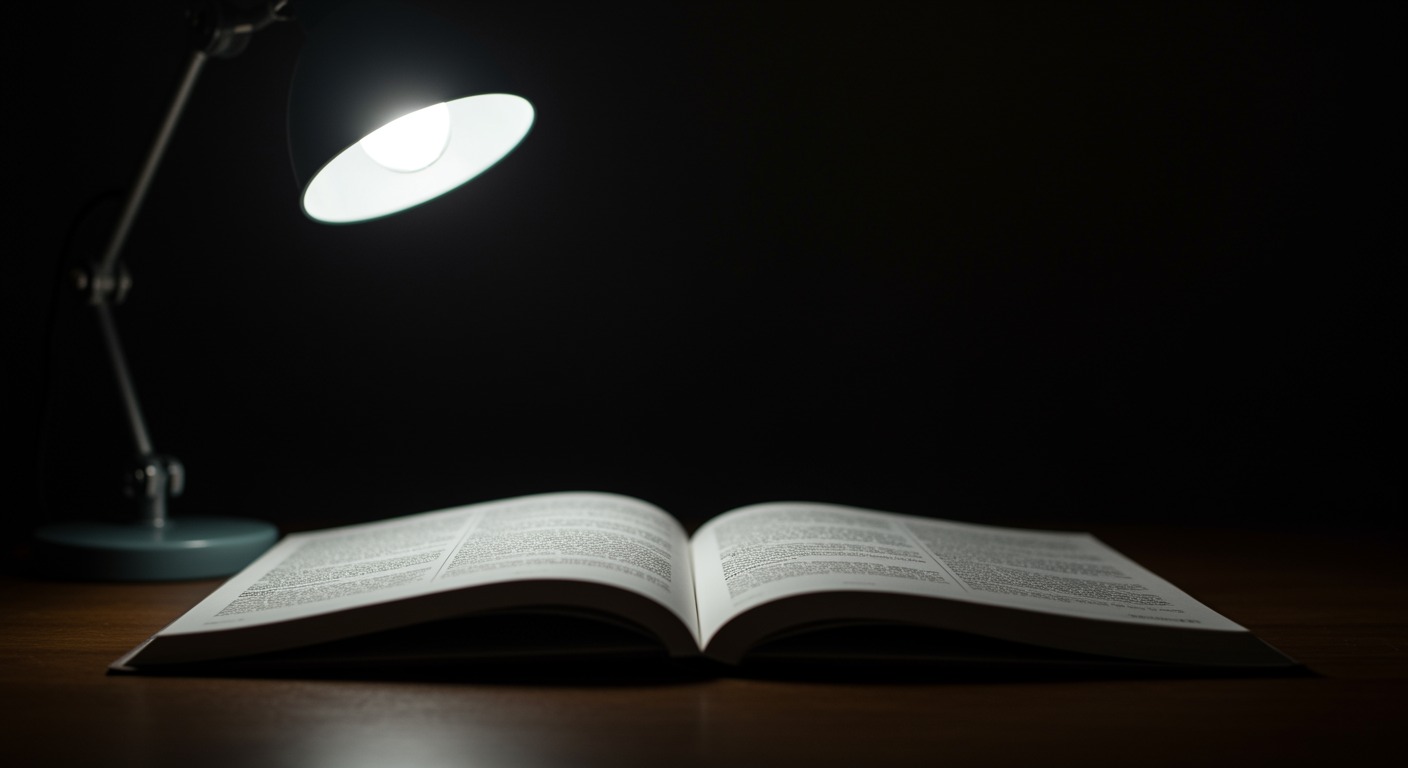 Medical research journal open on desk with soft reading light