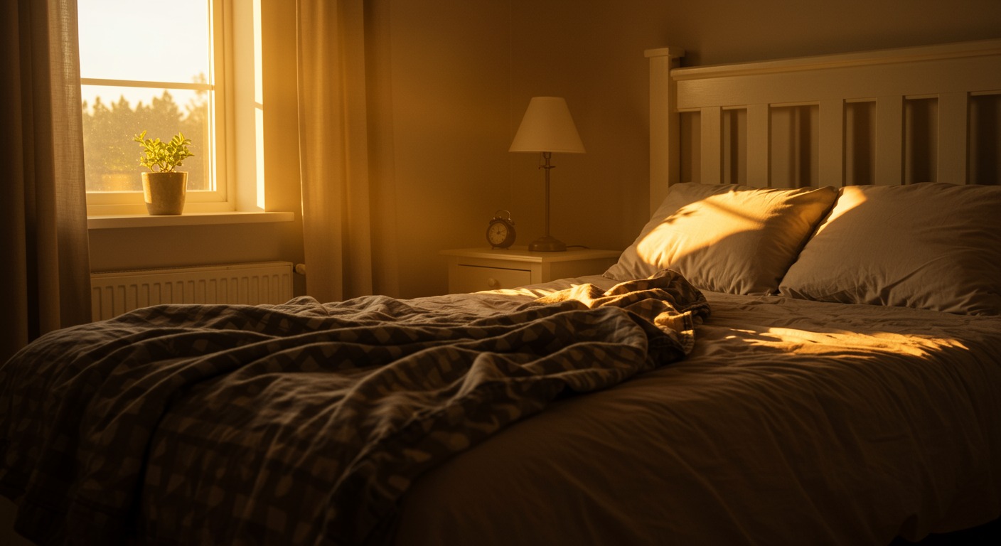 Cozy bedroom bathed in warm golden morning light with soft blankets and a peaceful atmosphere