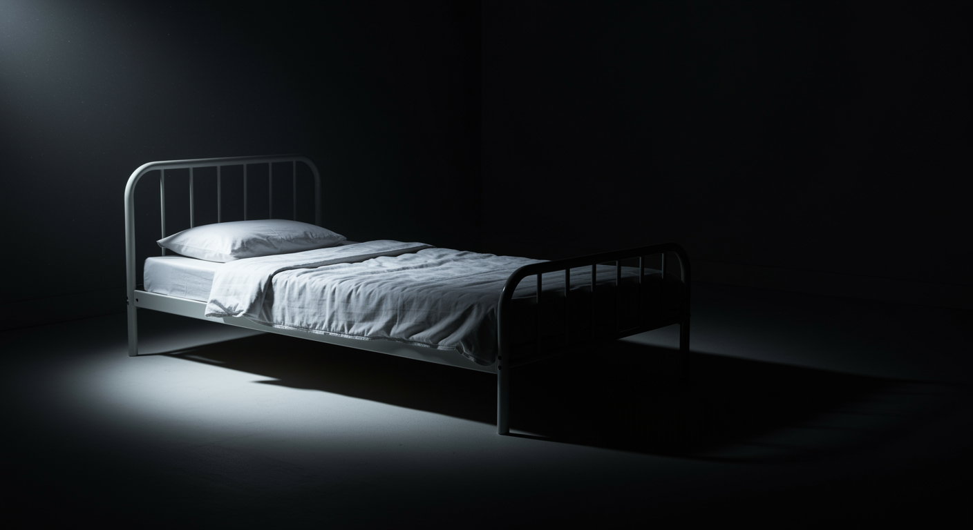 Single empty bed in dark room on clean white surface with soft moonlight