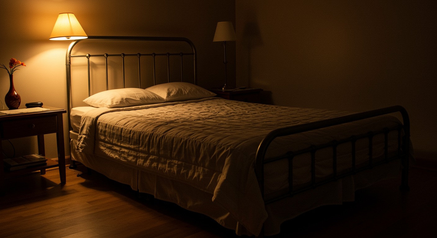 Empty bed in soft warm amber lamplight