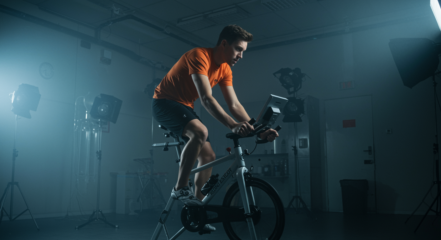 Cyclist on stationary bike in testing laboratory