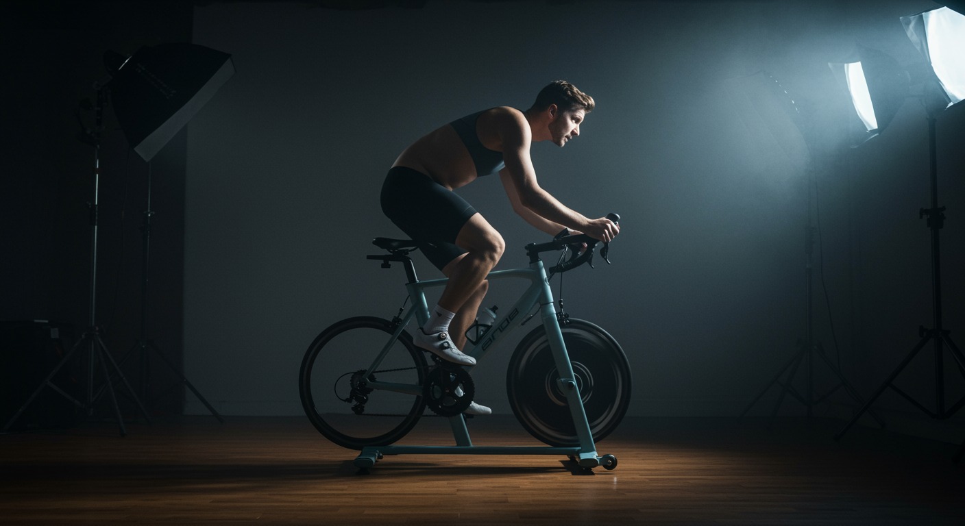 Cyclist training on bright indoor bike