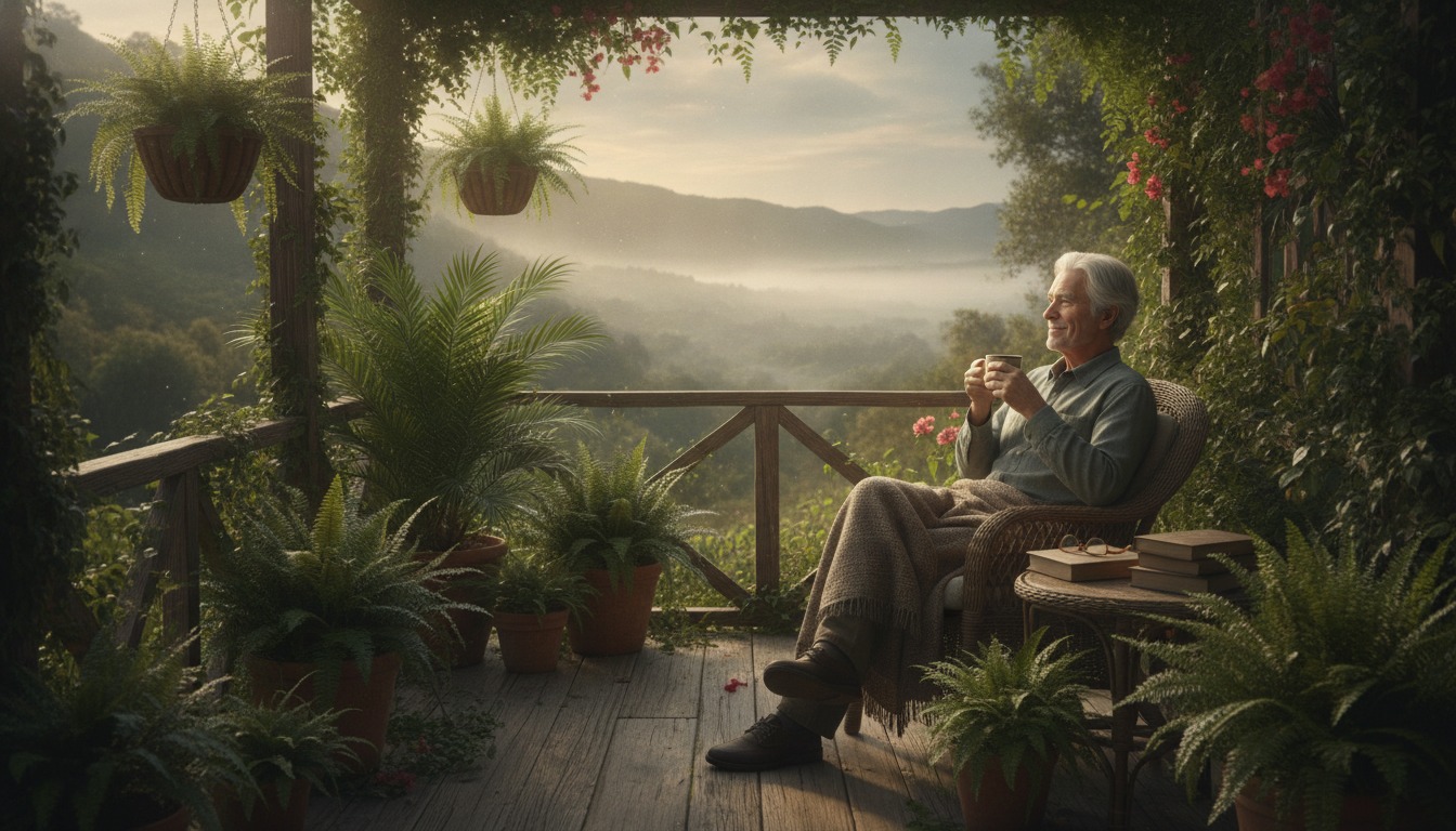 Older adult enjoying a quiet morning on a porch with a cup of coffee, surrounded by greenery in soft warm sunlight