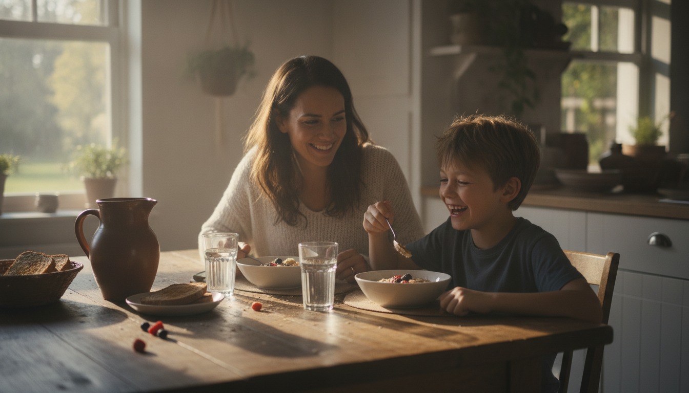 Parent and school-age child eating breakfast together at a wooden kitchen table, bowls of oatmeal and glasses of water, soft morning light through a window