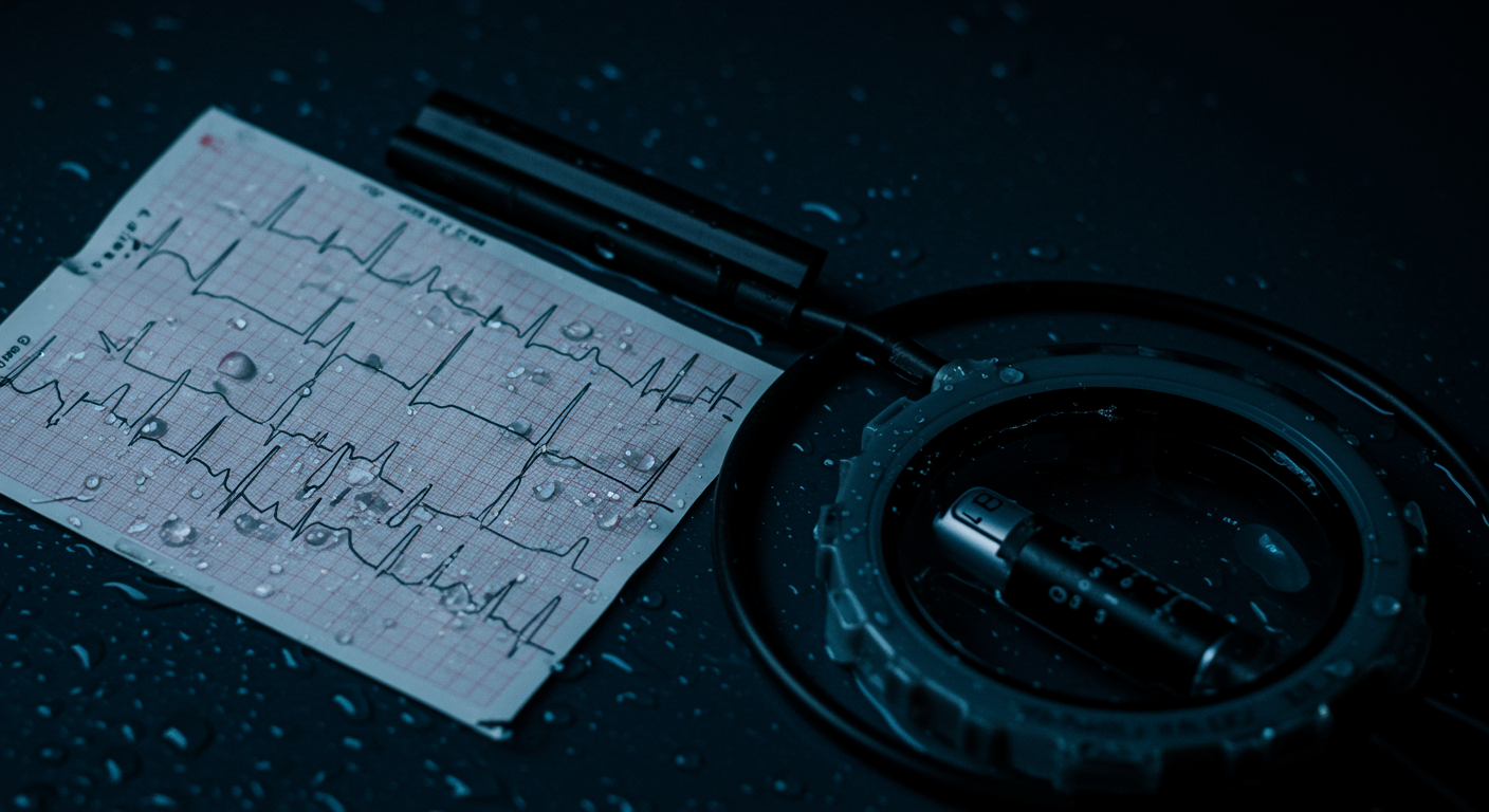ECG readout showing cardiac arrhythmia with cold water immersion equipment