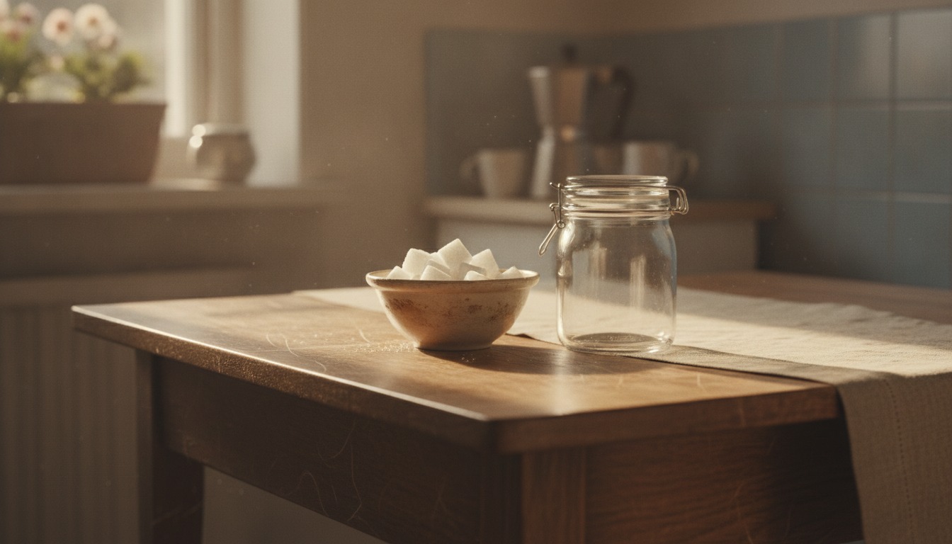 A vintage kitchen table with a small bowl of sugar cubes beside an empty glass jar in soft morning light