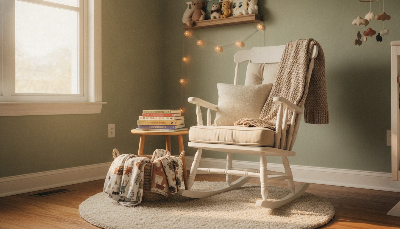 Cozy nursery corner with a rocking chair, soft blankets, and a stack of storybooks in warm afternoon light